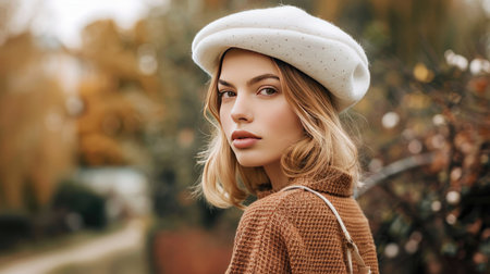 Fashion-forward woman with a white beret, showcasing her spring style in an outdoor settingの素材