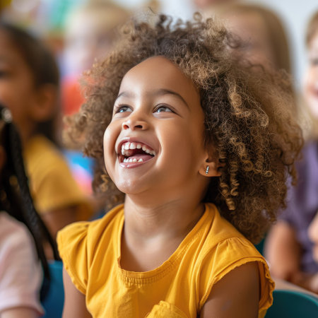 Happy child, face bright with laughter, participating in a classroom activityの素材