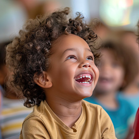 Happy child, face bright with laughter, participating in a classroom activityの素材