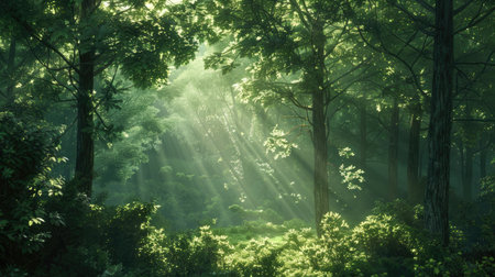 Peaceful forest scene with sun rays peeking through dense foliage, creating a serene ambianceの素材