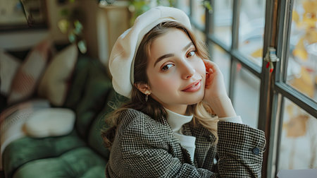 Portrait of a confident young woman in a trendy spring outfit, accessorized with a white beret, exuding fashion flairの素材