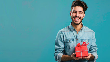 Happy man standing and holding a present box, ready to give it awayの素材