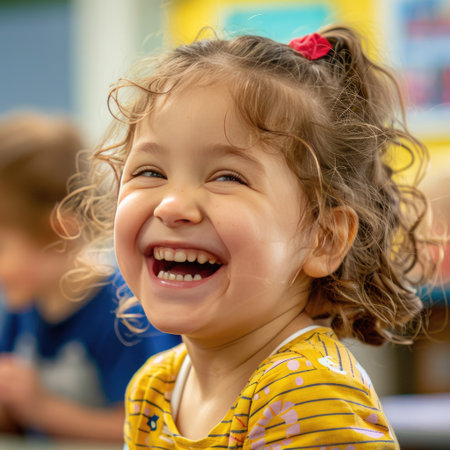 Joyful child with a beaming face, laughing during a playful classroom momentの素材