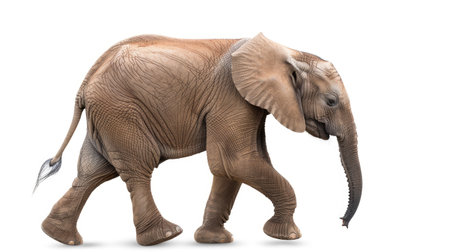 Side view of a young elephant walking, isolated on a white backgroundの素材
