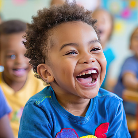 Happy child, face bright with laughter, participating in a classroom activityの素材