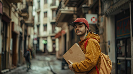 Young courier delivery boy posing with a parcel in an urban settingの素材