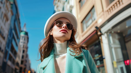 Trendy woman in a fashionable spring ensemble and white beret, enjoying a sunny day in the cityの素材