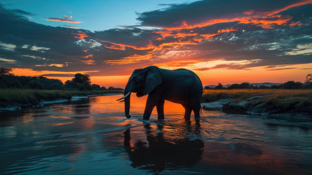 Tranquil scene of an elephant standing in a river at dusk, with a picturesque sunset skyの素材