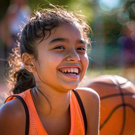 Hispanic girl with a big smile, laughing during an outdoor basketball gameの素材