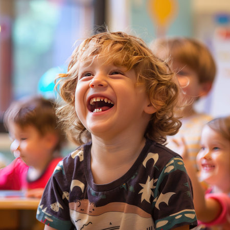 Joyful child with a beaming face, laughing during a playful classroom momentの素材