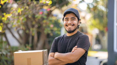Young Hispanic delivery man standing with boxes, smiling confidently in a residential areaの素材