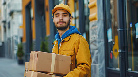 Portrait of a young courier delivery boy standing with multiple packages, ready for deliveryの素材