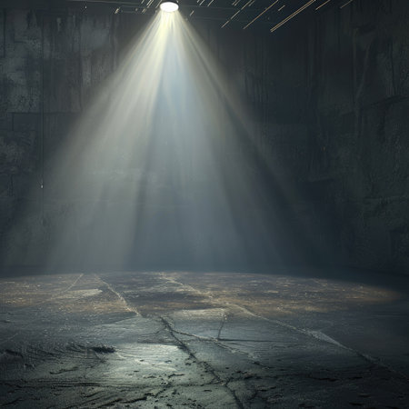 Abstract empty studio with a bright spotlight creating dramatic lighting effectsの素材