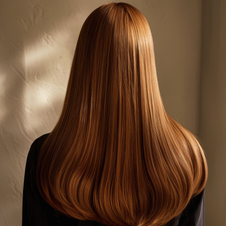 Back view of a woman with smooth, shiny hair in a photo studio, emphasizing hair care routineの素材