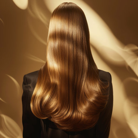 Back view of a woman in a studio, showcasing shiny, healthy hair for a hair care conceptの素材
