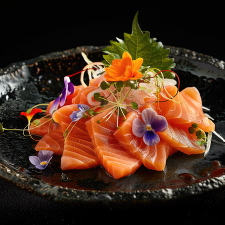 Artistic arrangement of fresh salmon sashimi on a traditional Japanese-style black dishの素材