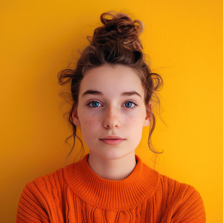 A young adult in a casual orange sweater with a neutral expression stands against a bright yellow backgroundの素材