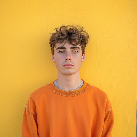 A young adult in an orange sweater stands against a vibrant yellow backdrop with a neutral expressionの素材
