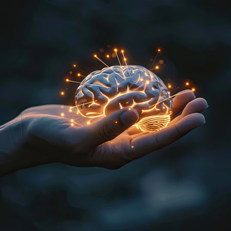 Abstract image of a hand cradling a glowing human brain model, symbolizing the connection between technology and human intelligenceの素材