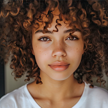Close-up of a teenage girl with curly hair, expressing confidence and authenticityの素材