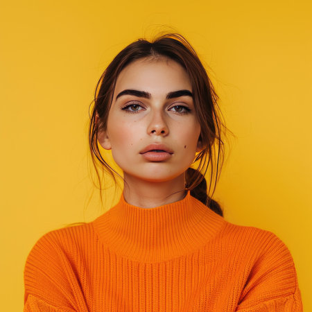 A young adult with a neutral expression in an orange sweater, standing against a yellow backgroundの素材