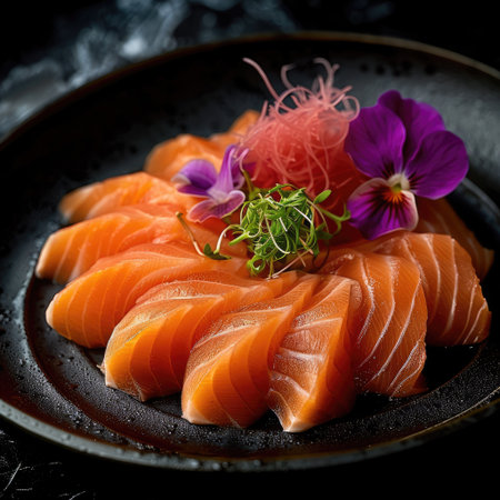 Close-up shot of mouth-watering salmon sashimi slices on a chic black plate, gourmet dining conceptの素材