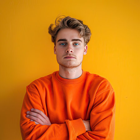 Casual young adult in an orange sweater, standing with a neutral expression against a yellow backgroundの素材