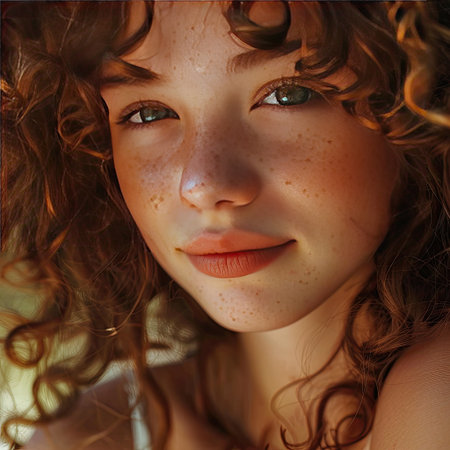Close-up portrait of a beautiful teenage girl with naturally curly hair, showcasing youthful charmの素材