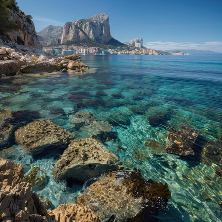 Crystal clear waters and rocky shoreline in Calpe, Comunidad Autonoma de Valenciaの素材