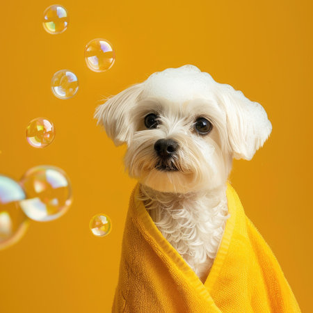 Cute Maltese in a towel with soap bubbles floating on a vibrant yellow backdropの素材