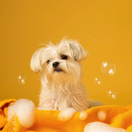 Cute Maltese in a towel with soap bubbles floating on a vibrant yellow backdropの素材