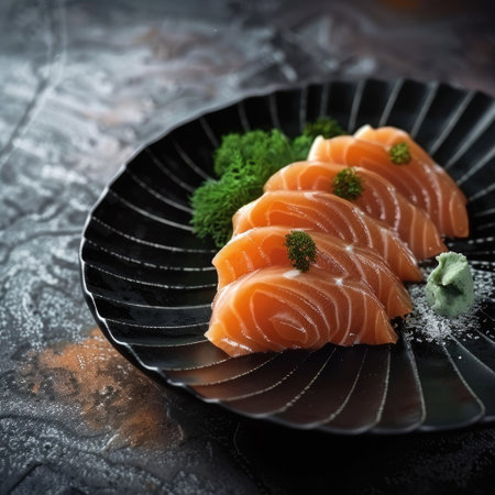 Elegant display of premium salmon sashimi on a black Japanese plate, culinary artistry at its finestの素材
