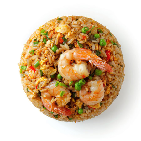 Delicious Indonesian fried rice with shrimp, viewed from above, isolated on whiteの素材