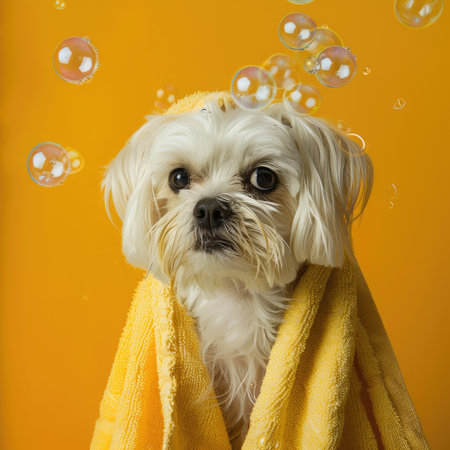 Cute Maltese in a towel with soap bubbles floating on a vibrant yellow backdropの素材