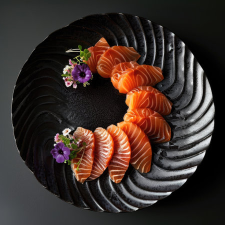 Exquisite presentation of sliced fresh salmon sashimi on a black Japanese plate, food photography excellenceの素材