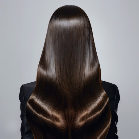 Rear view of a woman with glossy hair in a professional studio environment, hair care conceptの素材