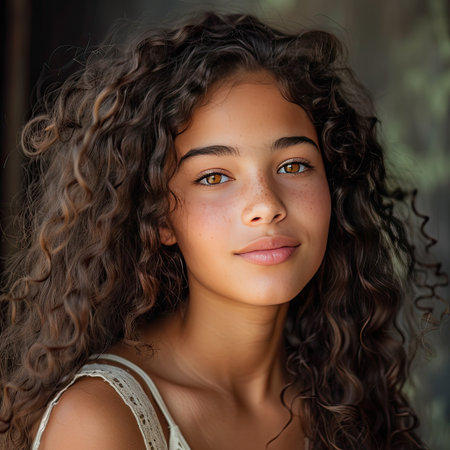 Gorgeous teenage girl with curly hair looking at the camera with a serene expressionの素材