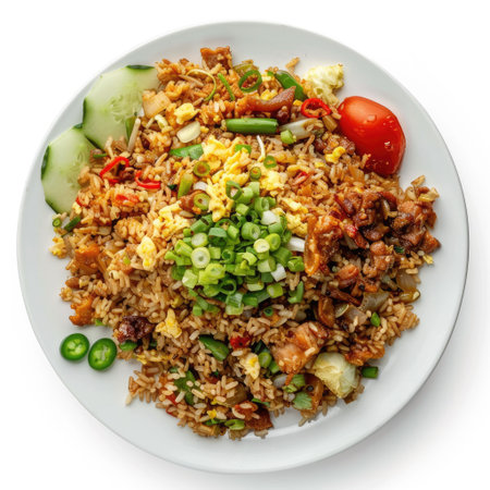 Plate of Indonesian fried rice with toppings, viewed from above, isolated on whiteの素材