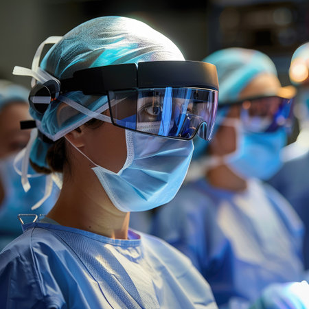 Healthcare professionals using augmented reality glasses for surgical precision and efficiencyの素材