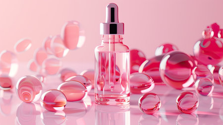 Illustrative rendering of pink collagen skin serum and vitamins, suitable for beauty and wellness product marketing.の素材