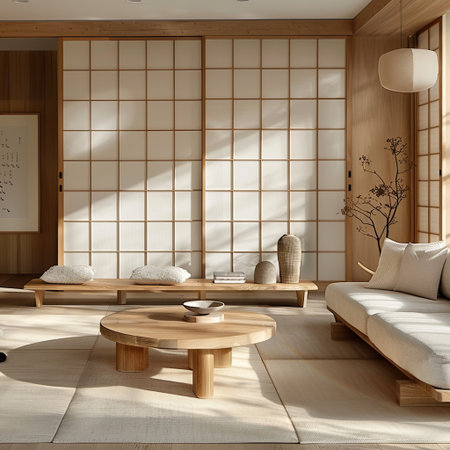 Harmonious blend of Japanese and Scandinavian aesthetics in a modern Japandi living room settingの素材