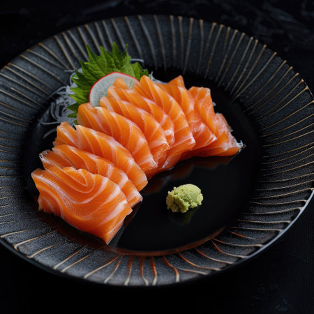 High-quality image of fresh salmon sashimi on a stylish black plate, perfect for Japanese cuisine conceptsの素材