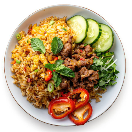Indonesian fried rice with garnishes, top view, isolated on a clean white backgroundの素材