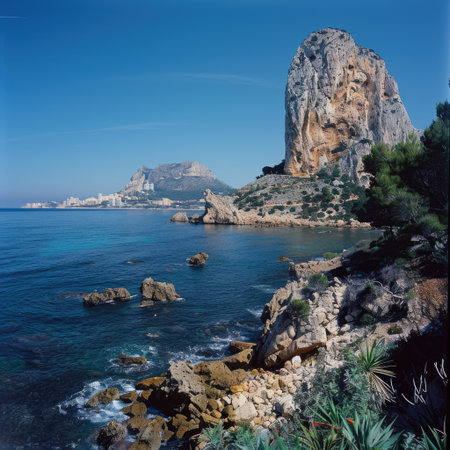 Scenic view of Calpe's de Ifach rock formation under a clear blue sky, Comunidad Autonoma de Valenciaの素材