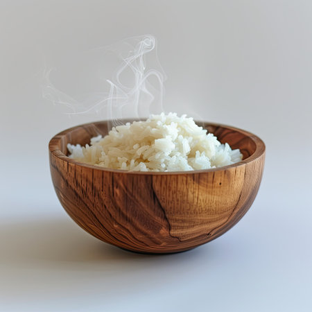 Steaming rice in a wooden bowl, perfectly isolated on a white backdropの素材