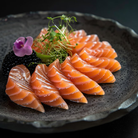 Sliced salmon sashimi served on a sleek black plate, capturing the essence of Japanese gastronomyの素材
