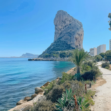 Scenic view of Calpe's de Ifach rock formation under a clear blue sky, Comunidad Autonoma de Valenciaの素材