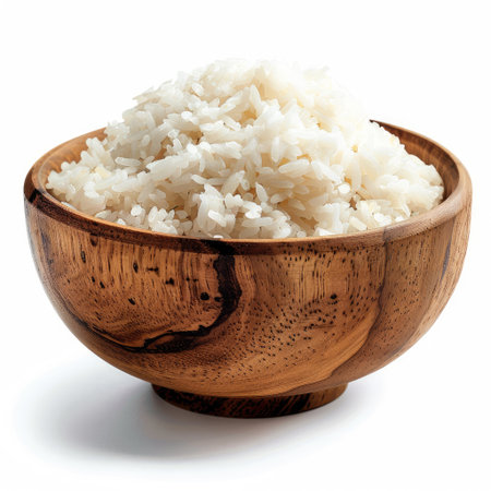 Rustic wooden bowl with a serving of rice, isolated on a pristine white backdropの素材