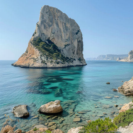 Scenic view of Calpe's de Ifach rock formation under a clear blue sky, Comunidad Autonoma de Valenciaの素材