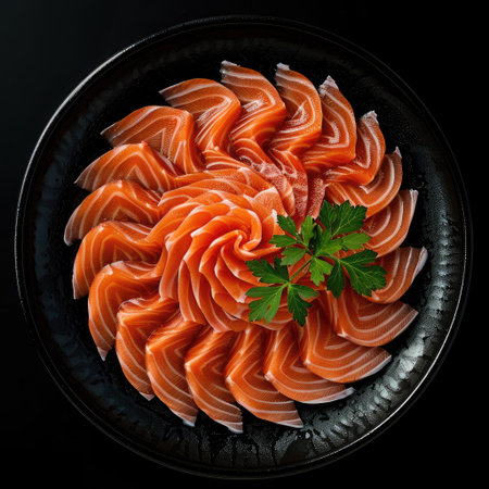 Top view of sliced fresh salmon sashimi arranged artistically on a Japanese-style black dishの素材